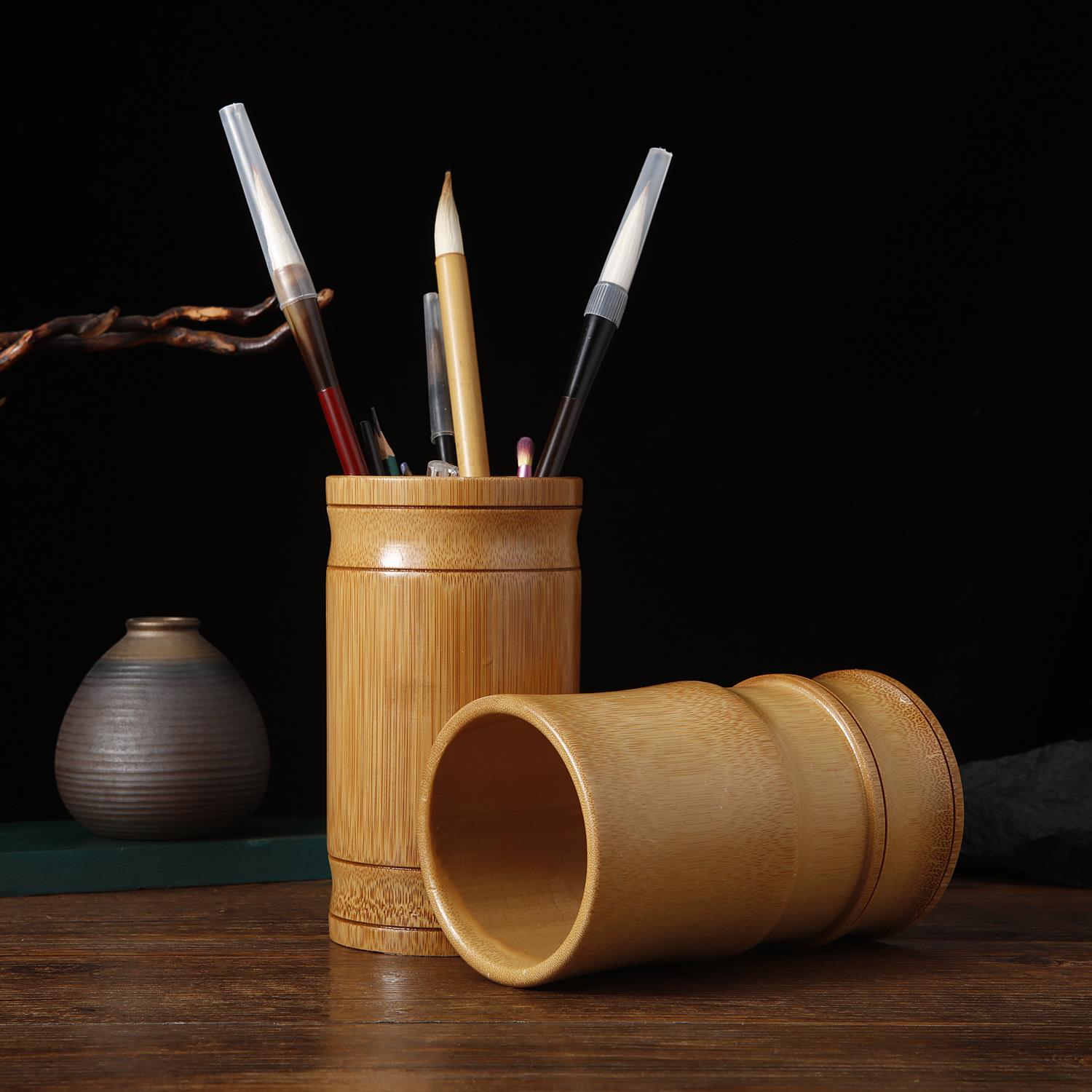 天然竹制圆形笔筒文房四宝笔筒竹木笔桶中国风办公文具摆件收纳盒