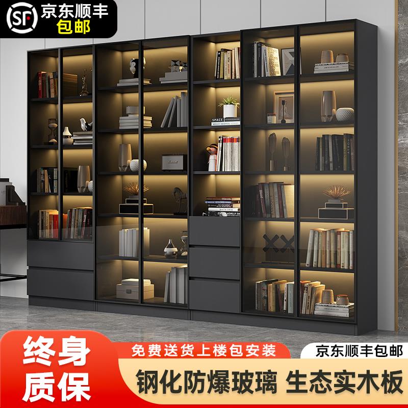 实木定制书柜带玻璃门展示柜轻奢家用客厅一体整墙到顶书架满墙柜