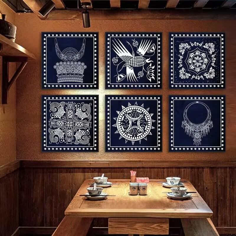 苗族装饰画少数民族特色风格餐厅挂画蜡染花纹民宿客家菜饭店壁画图片