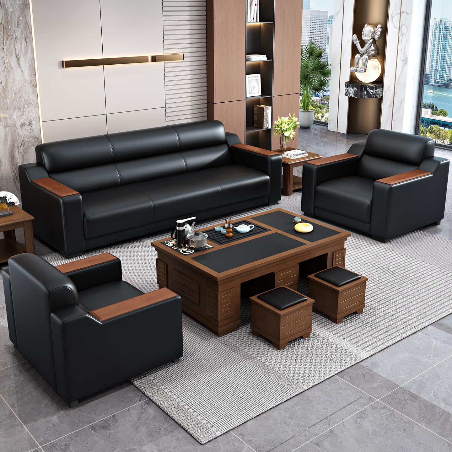 新款中式办公沙发商务接待现代简约会客三人位办公室沙发茶几组合