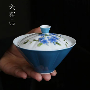 国风不烫手家用功夫茶具泡茶器 手绘斗笠盖碗茶杯单个陶瓷茶碗中式
