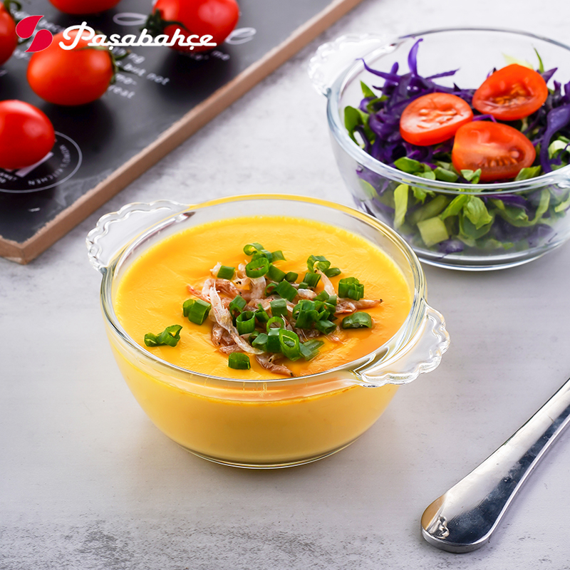 pasabahce婴儿辅食蒸蛋羹碗带盖玻璃碗透明钢化双耳炖蛋碗家用