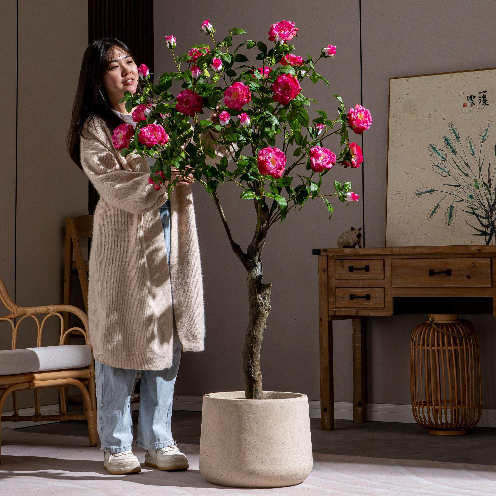 高端彷真绿色植物盆栽玫瑰花假树室内客厅彷生植物月季花轻奢造景