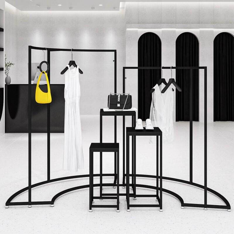 服装店中岛展示架铁艺黑色弧形衣服陈列架组合女装店铺货架挂衣架