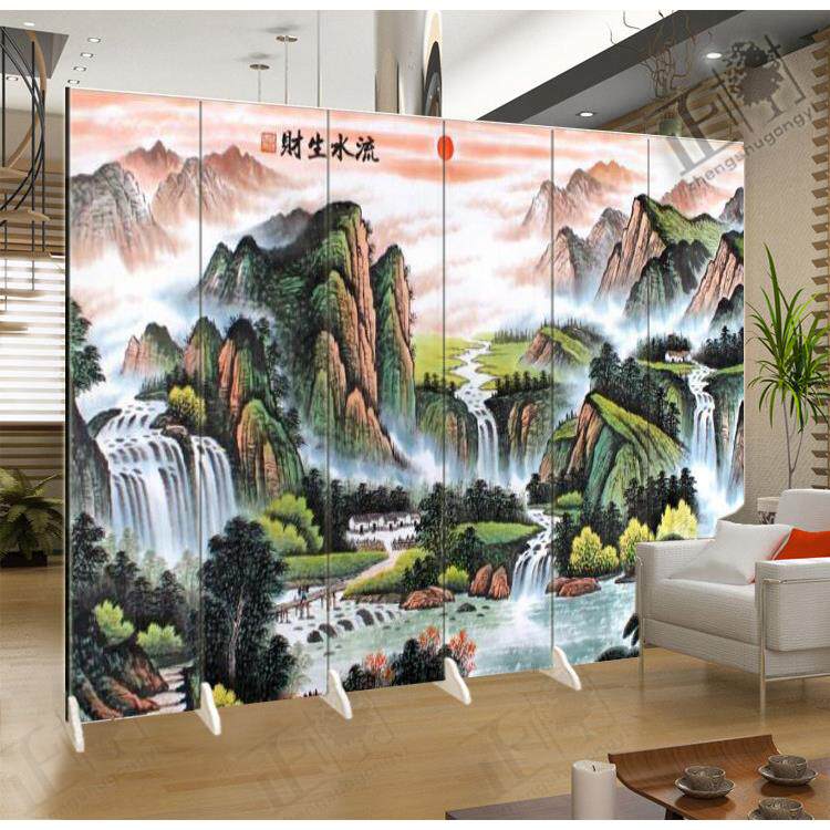 可折叠木质屏风隔断简约现代风格 山水旭日东升风景画背景墙 可客