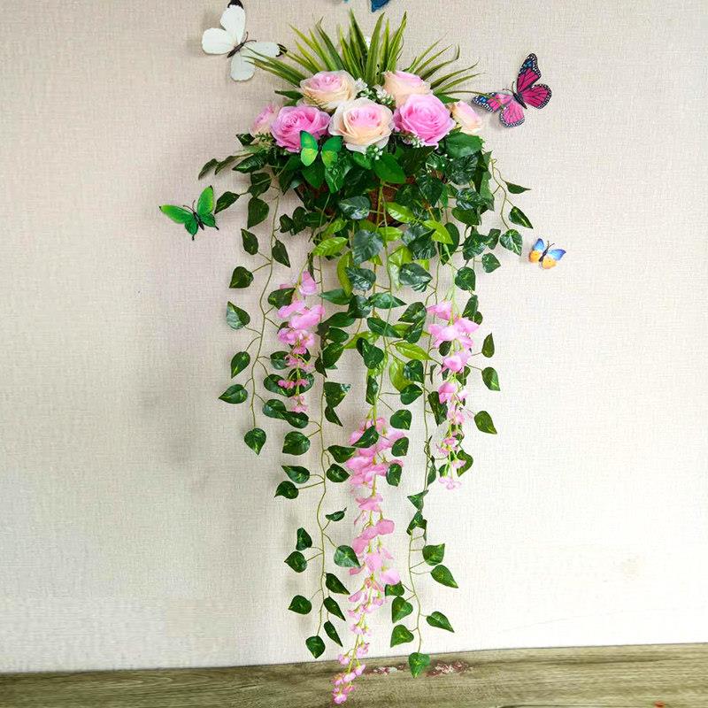 彷真玫瑰花壁挂墙壁挂装饰花篮绢花假花挂件室内墙花盆彷真挂壁花
