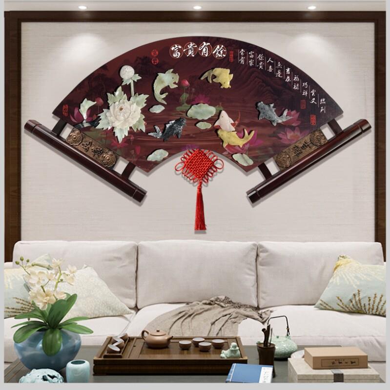 客厅装饰画沙发背景墙中国风新中式扇形挂画餐厅墙面玉雕画浮雕画