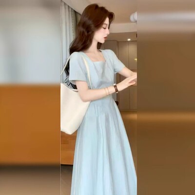 清纯掐腰裙漂亮法式方领