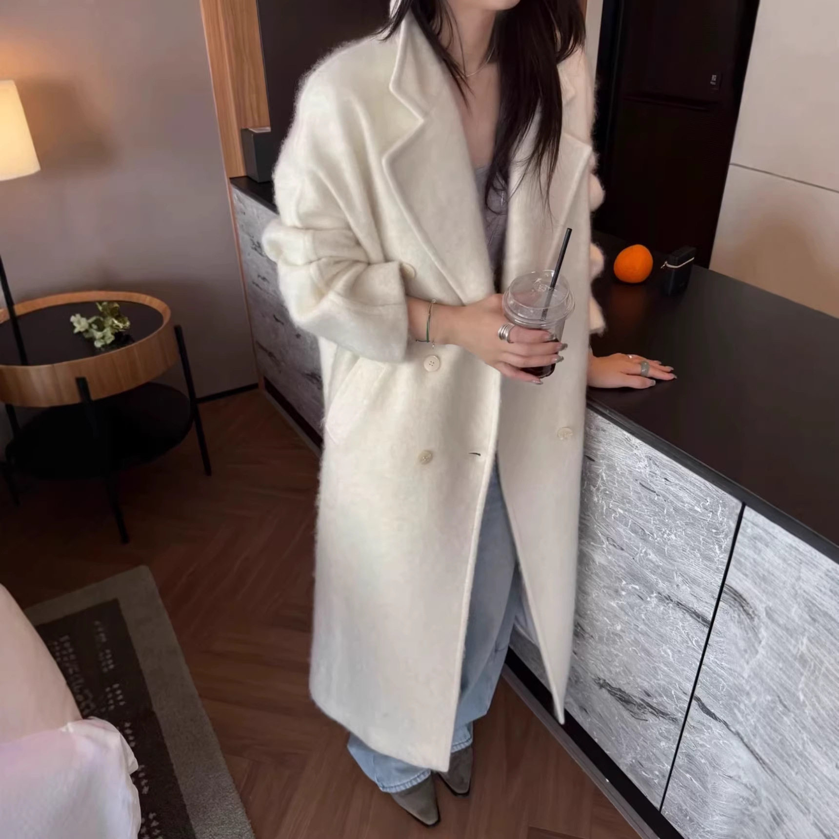 锦衣秋冬山羊绒羊毛双排扣大衣女