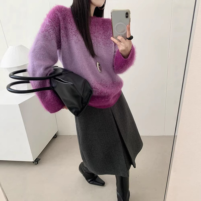 慵懒风渐变色拉毛毛衣女秋冬厚圆领羊毛针织衫新款女装濮院羊毛衫