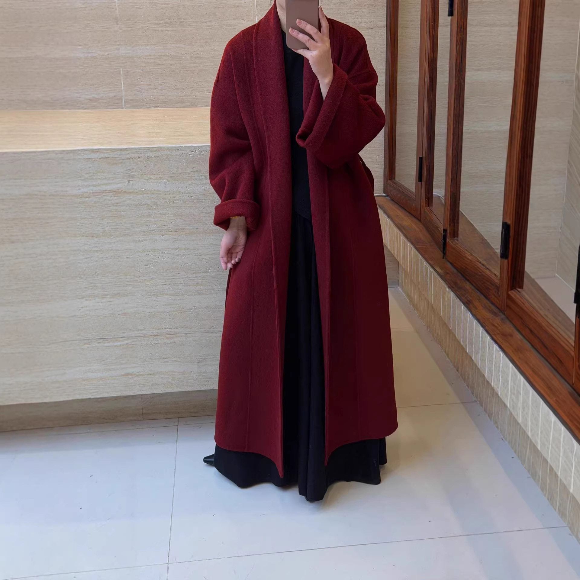 锦衣红色双面羊绒收腰系带大衣