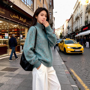 羊绒拉绒毛衣立领外套女拉毛羊毛衫打底宽松慵懒风针织半拉链衫女