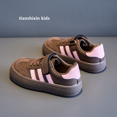粉棕女童德训鞋2026春秋儿童运动鞋透气低帮真皮中大童板鞋休闲鞋