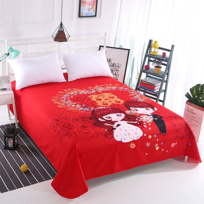 大红色床单单件加厚磨毛双人加大床单结婚红单子粉色大版花可爱