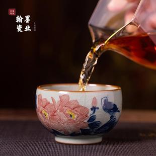景德镇陶瓷老陶泥国色天香罗汉杯柴窑手工手绘主人杯个人专用茶杯