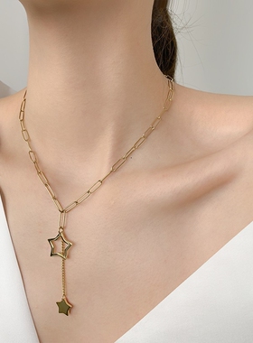 钛钢韩国东大门几何五角星链条项链女不掉色百搭简约流苏锁骨链潮