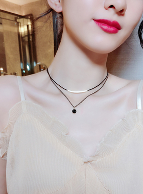 双层锁骨链黑色暗黑系吊坠项链女小众设计感颈带ins冷淡风颈链潮