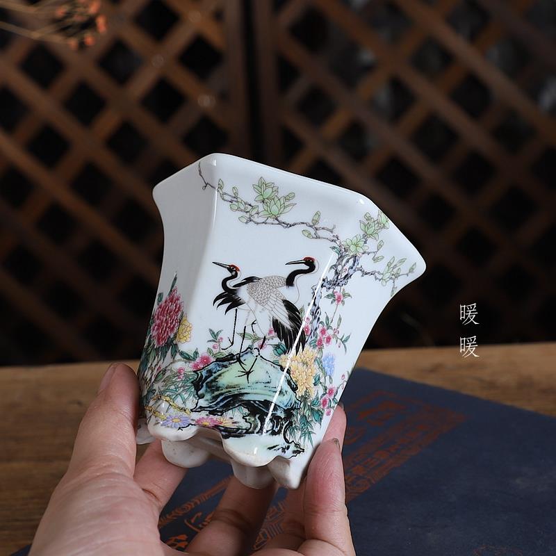 暖暖精品釉盆贴画系列K210#高瓢口六方多肉绿植卉微型盆景盆菖蒲