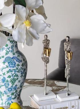 ABHOME印度进口中古风氛围烛台手工铝制大理石底摆件桌面轻奢摆件