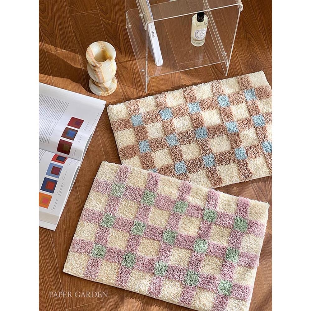 milky韩系覆古风级感棋盘格植绒地毯卧室防滑床边毯书房长条地垫