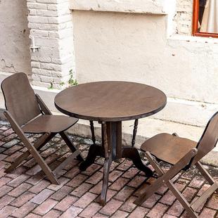 法式覆古实木大圆餐桌可折叠椅子家用客厅阳台饭桌咖啡桌餐饮商用