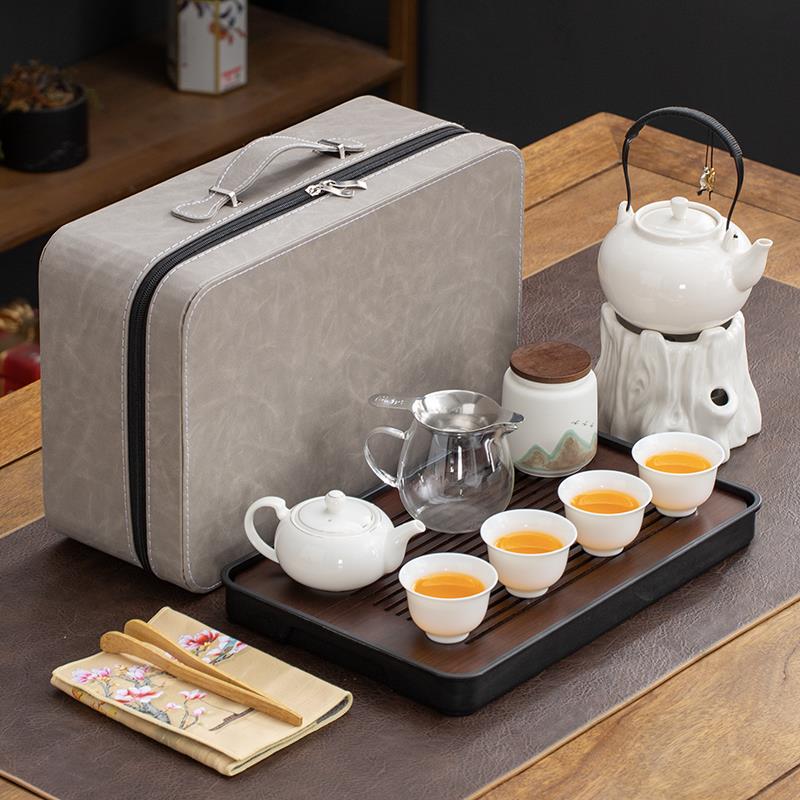 可携式白瓷旅行功夫茶具套组一壶四杯户外露营酒精明火烧水壶茶杯