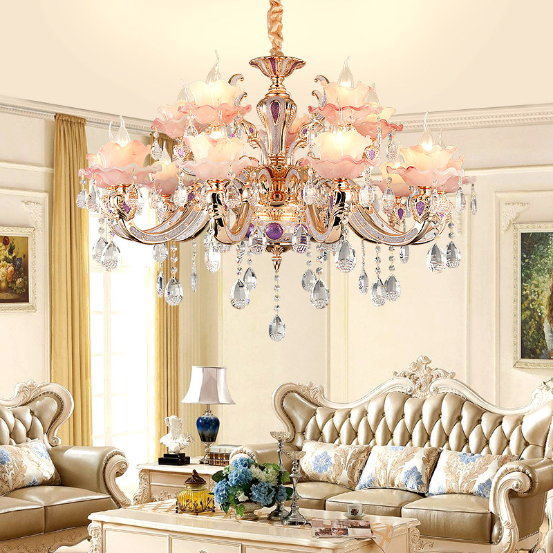 欧式水晶吊灯高档别墅客厅餐厅玉石灯温馨浪漫粉色公主房卧室灯具