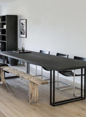 实木工作台桌子工业风会议桌长桌铁艺电脑桌黑色办公桌简约长桌子