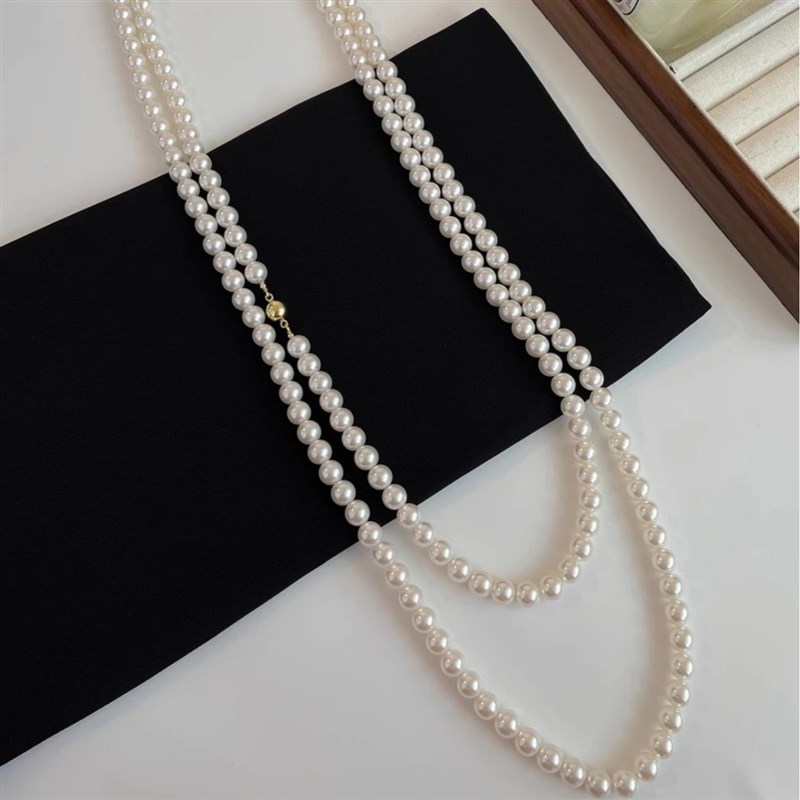 NK-173圆形磁l铁扣珍珠项链玻璃珍珠可叠戴长款女毛衣链秋冬