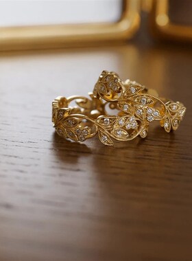 法式轻奢复古风雕花戒指镀t18k蕾丝织纹小众设计镶钻树叶开口调节