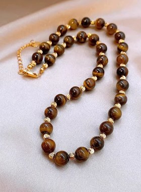 美拉德复古天然虎眼石隔v珠项链女小众气质网红秋冬轻奢颈链