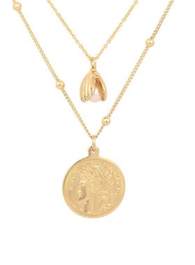 网红款短项e链女淡水珍珠贝壳圆形女王头像金币吊坠双层轻奢锁骨