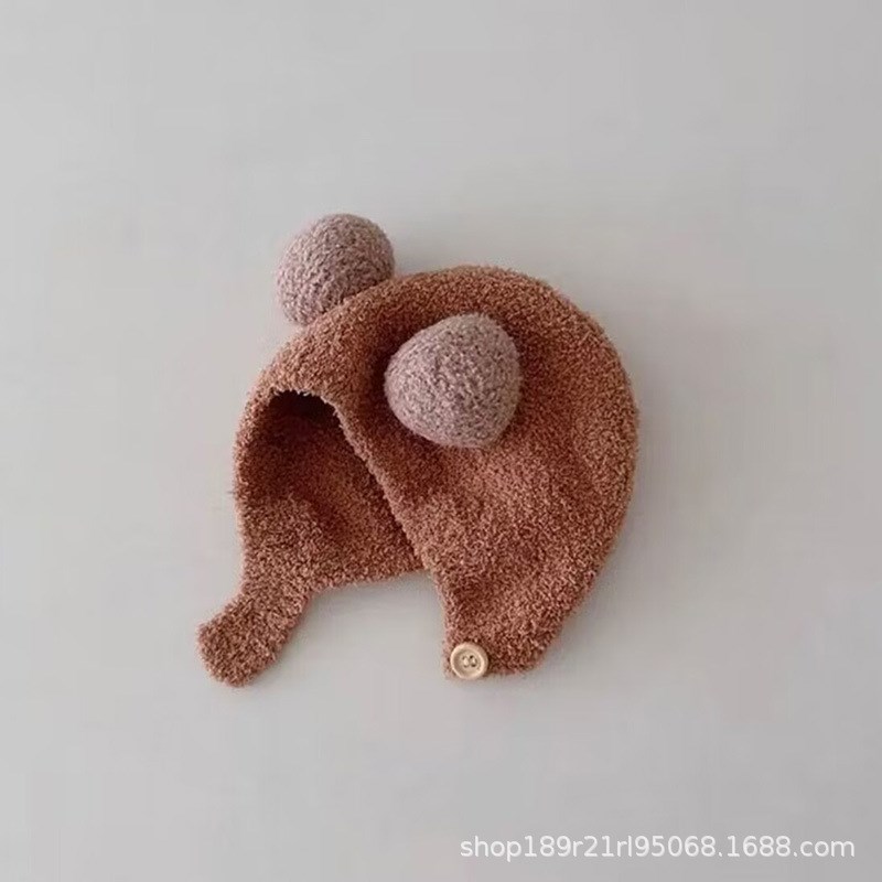 韩版insc秋冬新款宝宝护耳帽保暖防寒帽舒适婴儿双球软糯包头帽潮