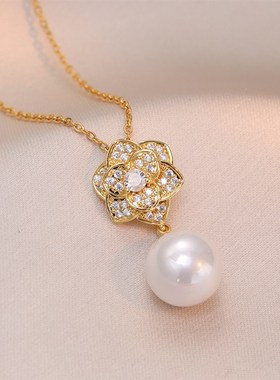 项链女 日韩风网红抖音仿珍珠项链小众设K计气质山茶锆石花朵配饰