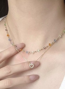轻奢简约彩色爱心水晶叠戴项链女锁骨链甜美O小众设计高级感颈链