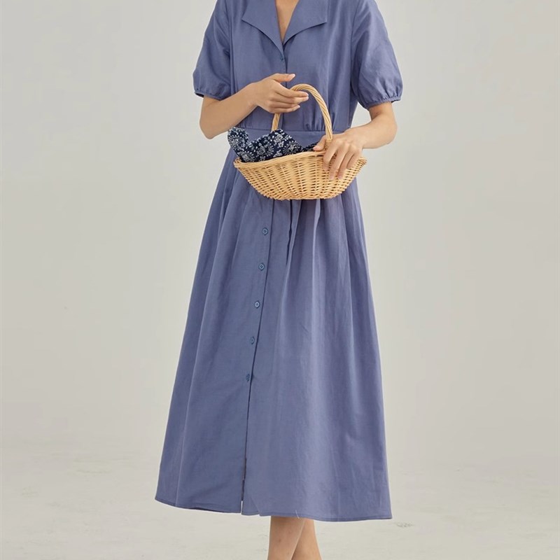 桔梗蓝短袖连衣裙女挺阔感棉麻混纺O亲肤收腰压褶长裙女