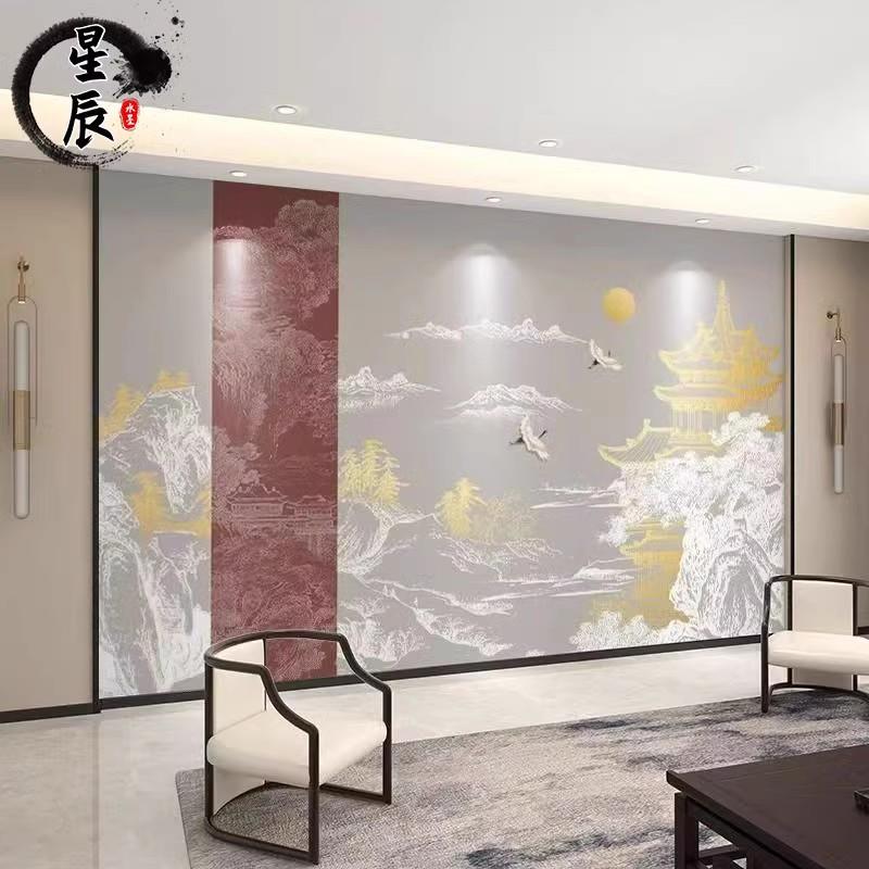 3d新中式客厅电视背景墙壁纸书房古建筑壁画餐厅包厢祥云仙鹤墙布