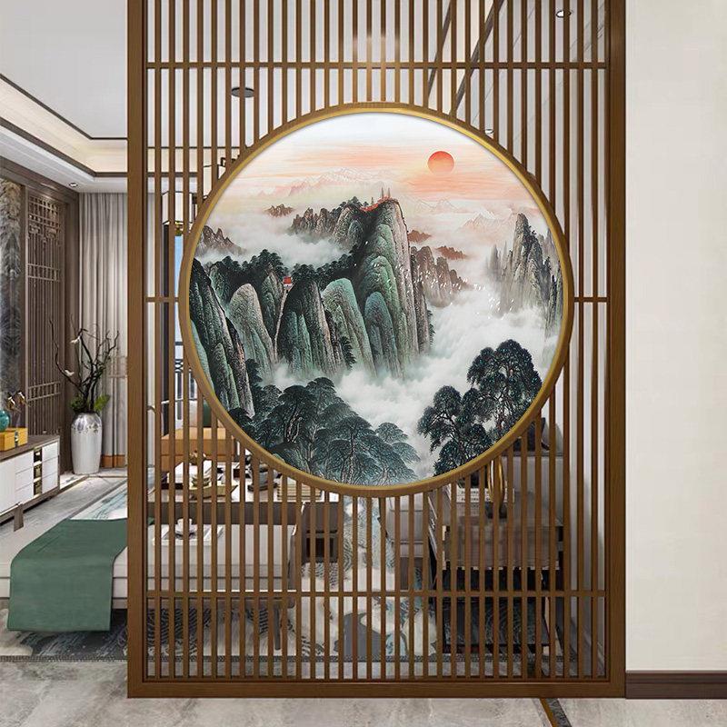 新中式屏风隔断装饰画双面画入户进门玄关圆形画山水靠山风景挂画