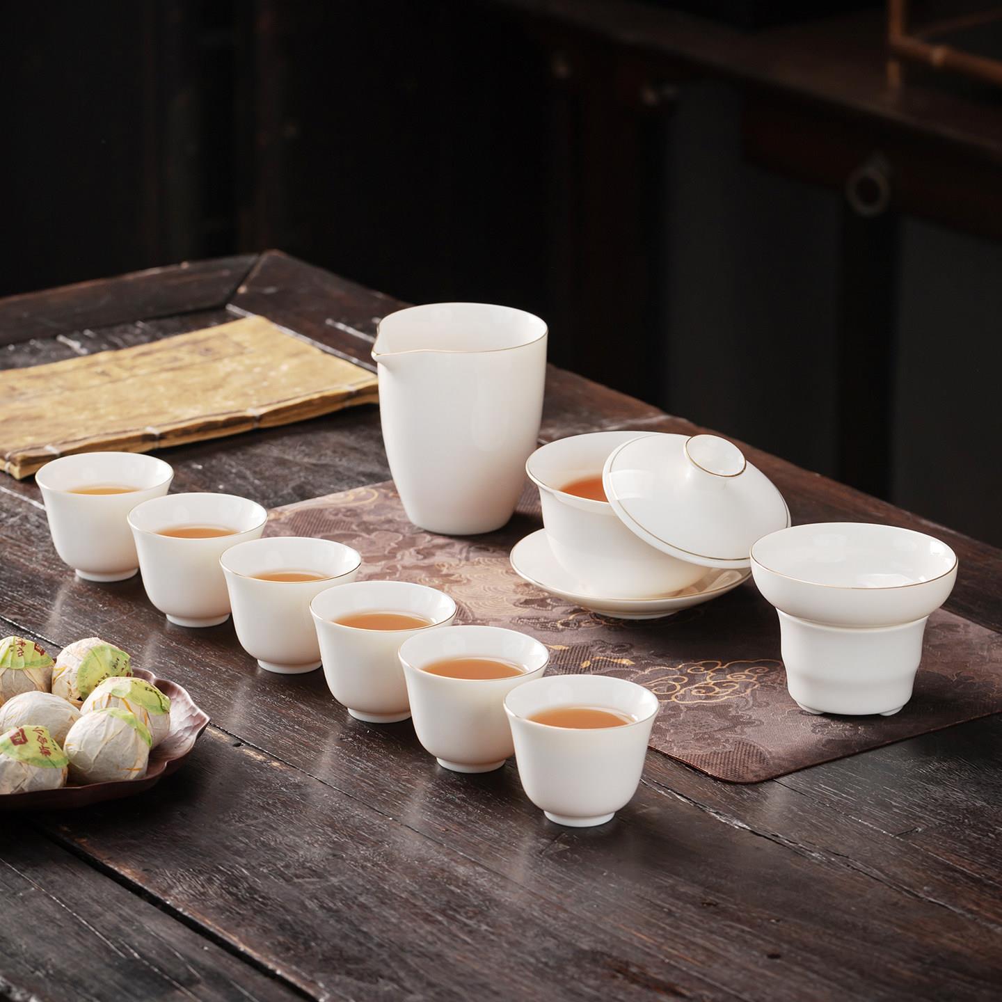 羊脂玉白瓷功夫茶具套装陶瓷盖碗茶杯办公室家用礼盒装便携露营