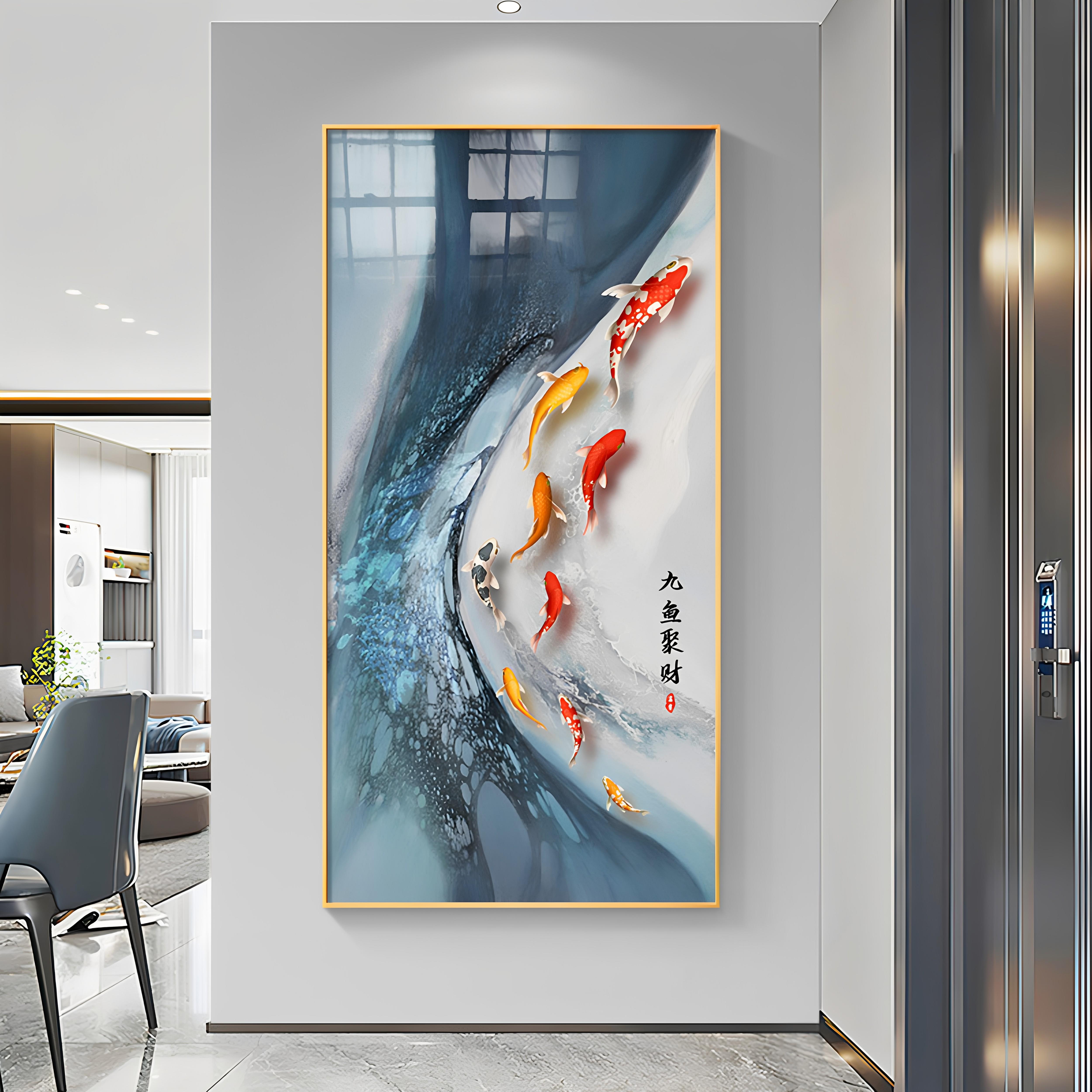 锦鲤客厅走廊挂画新中式正对门玄关装饰画九鱼图竖版水墨画中国