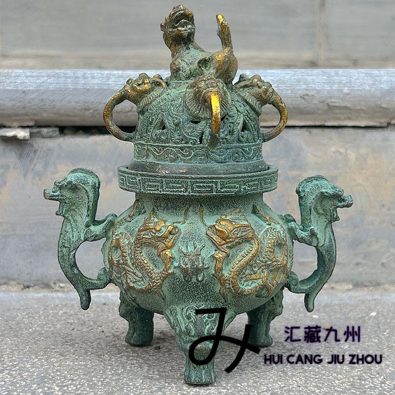 复古纯铜鎏金古玩大明宣德双龙鼎双耳铜香炉香薰炉青铜器摆件收藏