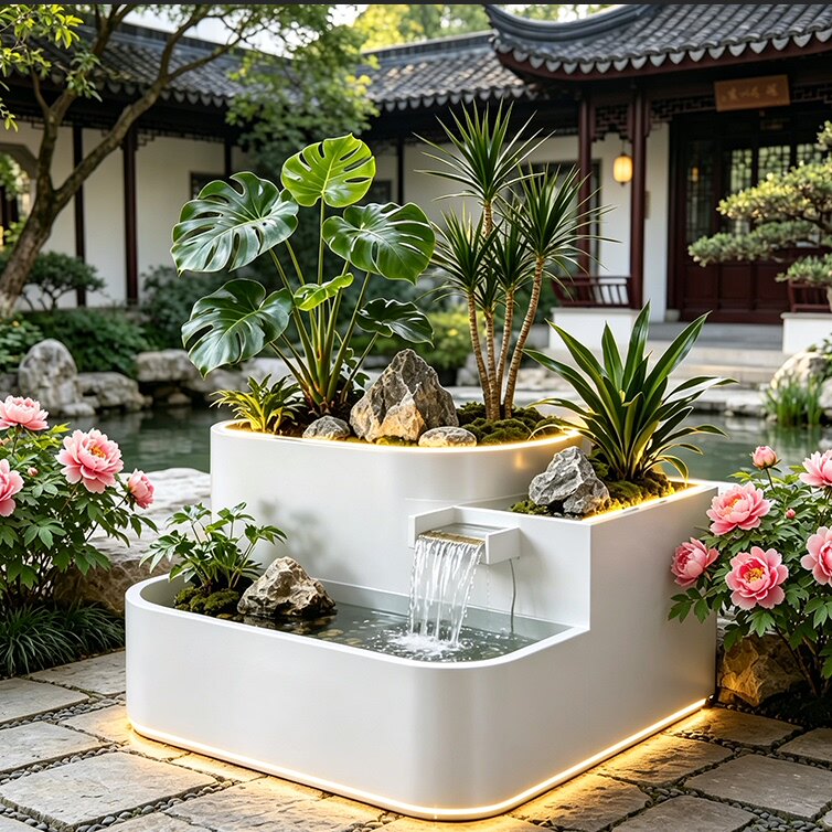 阳台不锈钢鱼池花箱金属流水摆件室外露台庭院水景瀑布庭院逸
