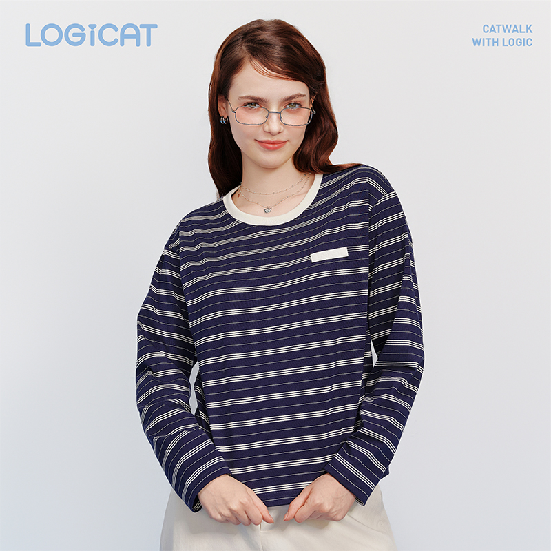 LOGICAT皮标条纹T恤舒适百搭女款基础打底落肩宽松圆领长袖上衣