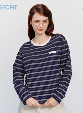LOGICAT皮标条纹T恤舒适百搭女款四季基础落肩宽松圆领长袖上衣