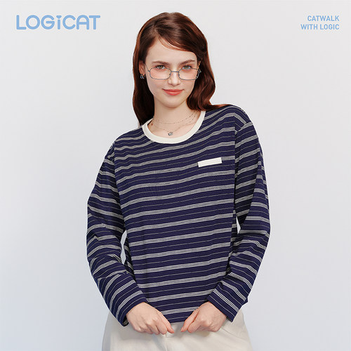 LOGICAT皮标条纹T恤舒适百搭女款四季基础落肩宽松圆领长袖上衣