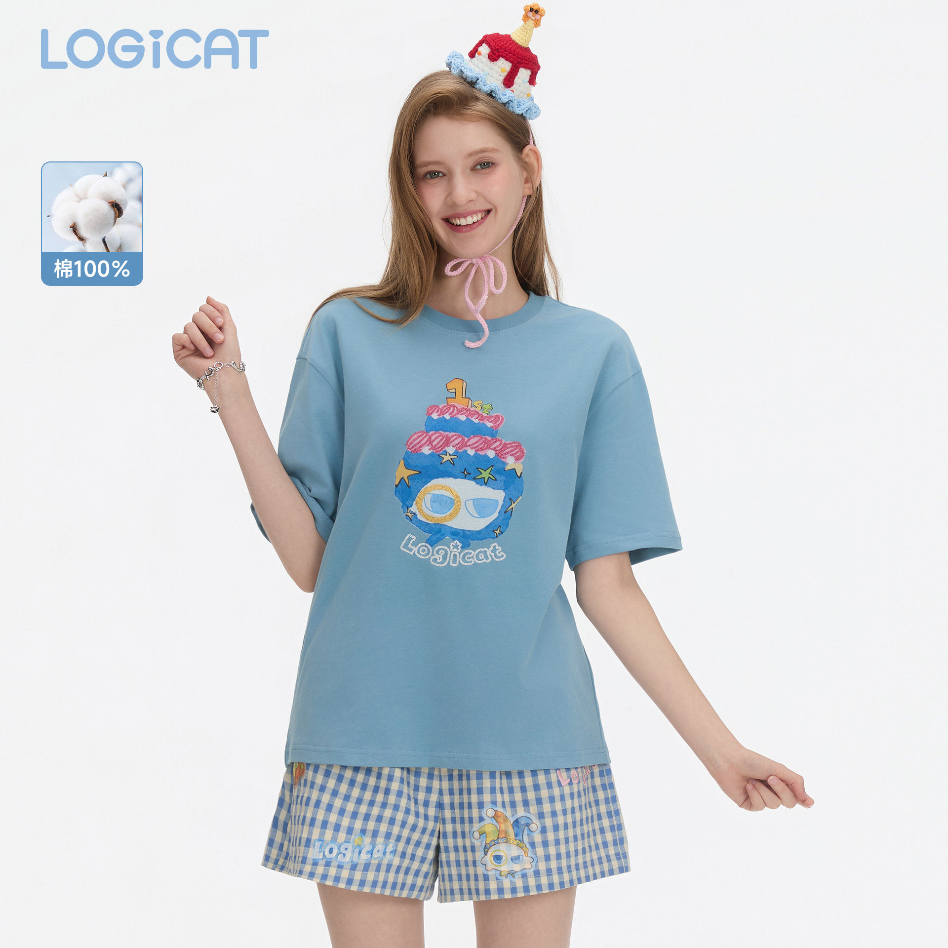 LOGICAT蛋糕猫T恤2026新款宽松舒适百搭纯棉可爱周年纪念短袖上衣图片