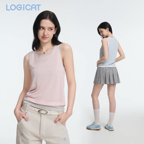 LOGICAT宽背心蓝粉2026夏季新款百搭打底内搭无袖上衣宽肩吊带