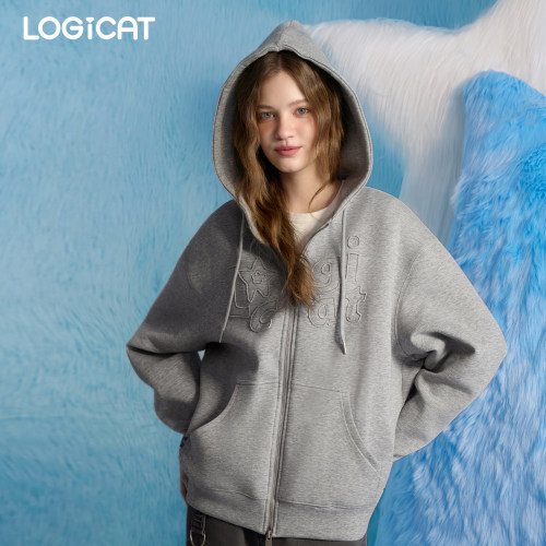 LOGICAT连帽开衫卫衣基础百搭男女情侣装贴布挺廓形休闲卫衣外套