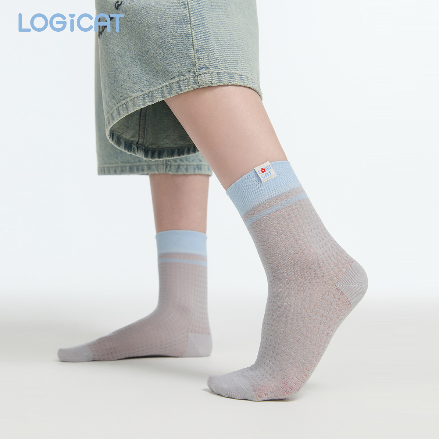 LOGICAT袜子浅蓝撞色边百搭吸汗2026夏季新款薄款透气灰色中筒袜图片