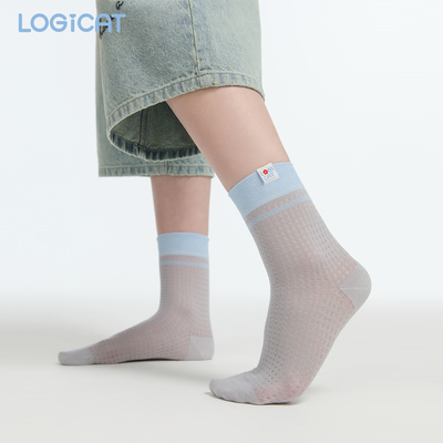 LOGICAT袜子浅蓝撞色边百搭吸汗2026夏季新款薄款透气灰色中筒袜